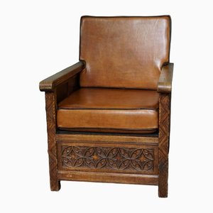 Sheep Leather Armchair with Carved Wood