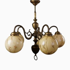 Art Deco Pendant Lamp with Marbled Opaline Glass Globes