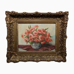 Still Life Painting with Flowers, Oil on Canvas, Framed