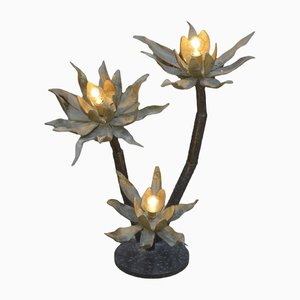 Lámpara de pie o de mesa de bronce con 3 grandes flores abiertas