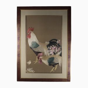 Gerahmte japanische Meiji-Stickerei mit Hühnchen