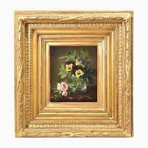 Still Life Painting of Flowers, 1860s, Oil on Cardboard, Framed
