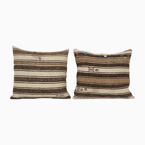 Vintage Turkish Black Striped Tribal Anatolian Cushion Covers, Set of 2