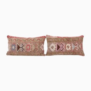 Turkish Bolster Scatter Abstract Wool Oushak Rug Cushion Covers, Set of 2