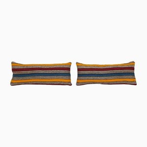 Turkish Handwoven Yellow Striped Kilim Cushion Covers, Set of 2