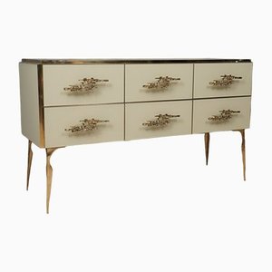 Mid-Century Cream Color Glass and Brass Commode, 1980