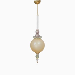 Mid-Century Italian Murano Blown Glass, White Green & Violet Lantern, 1970