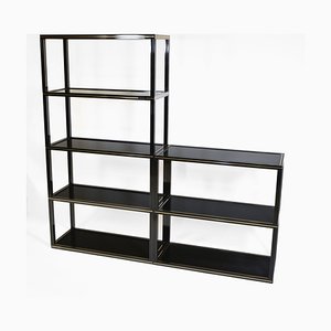 2-Section Black Lacquered & Brass Open Étagère Shelving Display by Pierre Vandel, 1970s, Set of 2