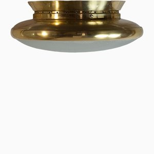 Italian Circular Ceiling Plain Lamp or Large Applique with Brass & Worked Glass Structure, 1950s