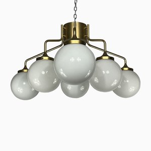 Large Mid-Century Brass and Milk Glass Ceiling Lamp from Reggiani, Italy, 1970s