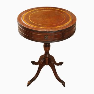 Early 20th-Century Leather Topped Drum Table with Side Drawers