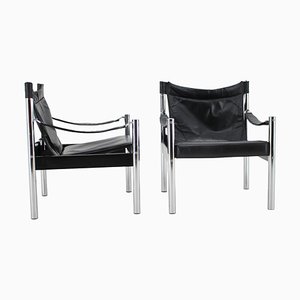 Sedia Safari in pelle nera e metallo cromato di Johanson Design, anni '70, set di 2