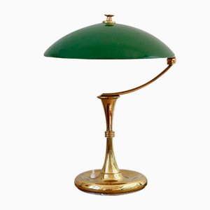 Italian Mid-Century Brass Desk Lamp with Green Shade, 1950s