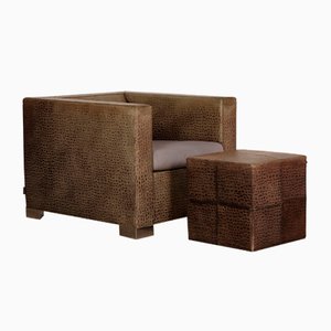 Suitcase Line Armchair & Footstool in Leather from Minotti, Set of 2