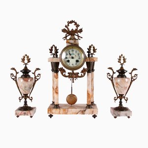 Marble & Bronze Clock with Cassolettes, Set of 3