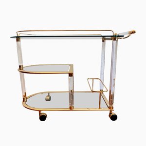 Tea Cart or Serving Trolley in Golden Brass with Glass Plates
