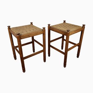 Mid-Century Italian Carved Wood and Cord Stools, 1960s, Set of 2