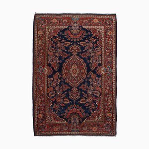 Vintage Floral Dark Blue Keshan Carpet with Border and Medallion