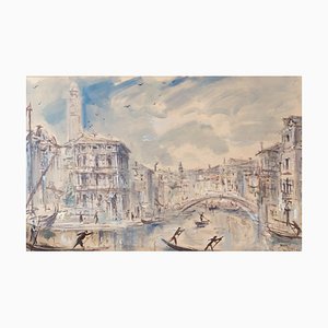 Bruno Martini, Gondoliers à Venise, 1942, Watercolor on Paper, Framed