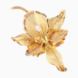 18 Karat Pearl Yellow Mat Gold Lily Brooch, 1960s