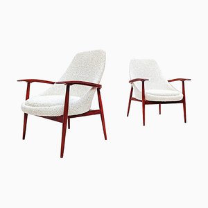 Set of Mid-Century Wood and White Boucle Fabric Armchairs, Italy, 1960s
