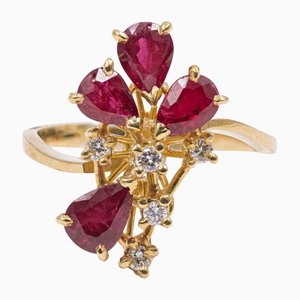 18k Yellow Gold Ring with Teardrop Rubies 1.5ctw and Diamonds 0.10ctw, 1970s