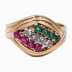 Ring aus 18 Karat Gelbgold mit Diamanten, Rubinen und Smaragden, 1960er