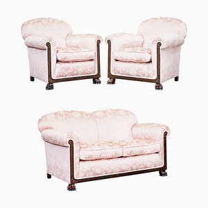 Victorian Pink Silk Upholstery Sofa & Armchair Suite with Hand Carved Goat Hoof Feet, Set of 3