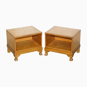 Burl Walnut Claw & Ball Foot Side End Lamp Wine Tables, Set of 2