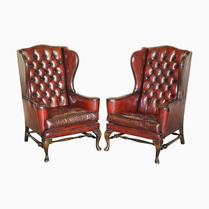 Leather Flat Arm Chesterfield Wingback Bordeaux Armchairs from William Morris, Set of 2