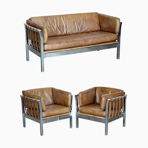 Brown Leather & Chrome Framed Sofa & Armchairs Suite from Halo Groucho, Set of 3