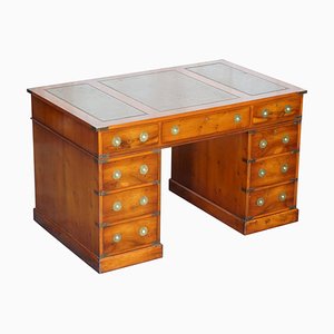 Burr Yew Wood Brass Military Campaign Twin Pedestal Desk from Bradley Furniture