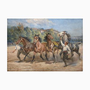 Pintura grande con caballos de carreras y jinetes jóvenes, años 20, óleo sobre lienzo