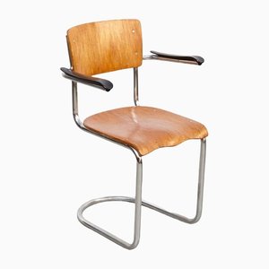 Butaca Bauhaus Mid-Century moderna de contrachapado y tubular, años 30