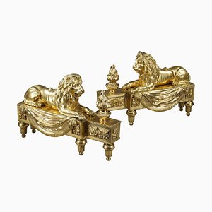 Andirons with Lions in bronzo dorato e cesellato, set di 2