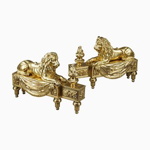 Andirons with Lions in Gilded & Chiseled Bronze, Set of 2