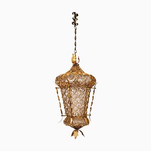 Mid-Century Venetian Mouth-Blown Glass Lantern in Gold Painted Metal Frame, 1940s