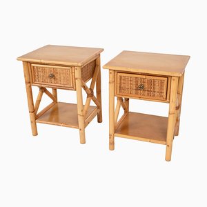 Mid-Century Italian Modern Bamboo Rattan and Wood Bedside Tables, 1980s, Set of 2