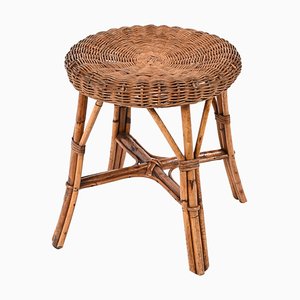 Mid-Century French Riviera Rattan and Bamboo Wired Stool, 1960s