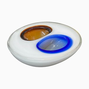 Italian White, Amber and Blue Submerged Murano Glass Bowl by Flavio Poli, 1970s