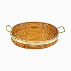 Oval Serving Tray in Bamboo, Rattan & Brass, Italy, 1970s