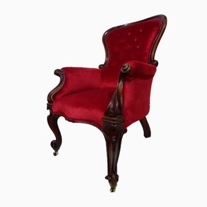 Victorian Grandfather Armchair in Raspberry Velvet