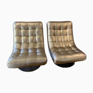 Golden Leather Armchairs, 1980s, Set of 2