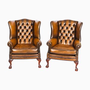 Antique Chippendale Leather Wingback Armchairs, 1920s, Set of 2