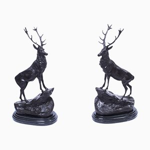 Large 20th Century Bronze Stag Statuettes in Style of Moigniez, Set of 2