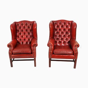 20th Century Red Leather Button Backed Wingback Armchairs, Set of 2