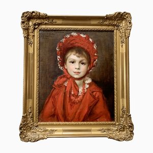 Francisque Edouard Bertier, Masterful Children's Portrait in a Red Dress, Paris, 1886, Oil on Canvas, Framed