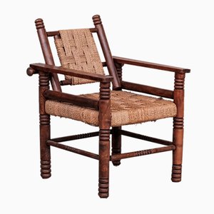 Art Deco French Cord & Oak Armchair in the style of Charles Dudouyt