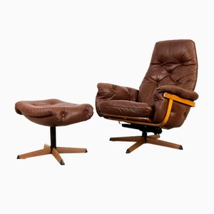 Vintage Mid-Century Scandinavian Modern Brown Leather Swivel Chair & Ottoman from Göte Möbler, 1960s, Set of 2