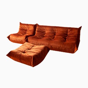 Vintage French Velvet Togo Living Room Set by Michel Ducaroy for Ligne Roset, Set of 3